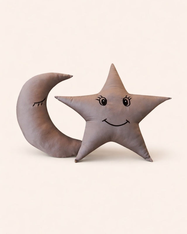 Star Moon Pair, grey cotton satin baby cushion with name embroidery