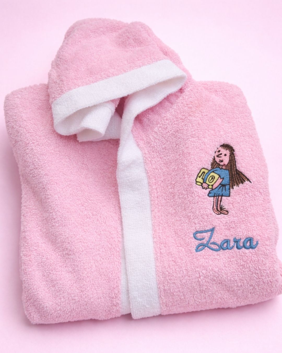 Pink cotton bathrobe, another view