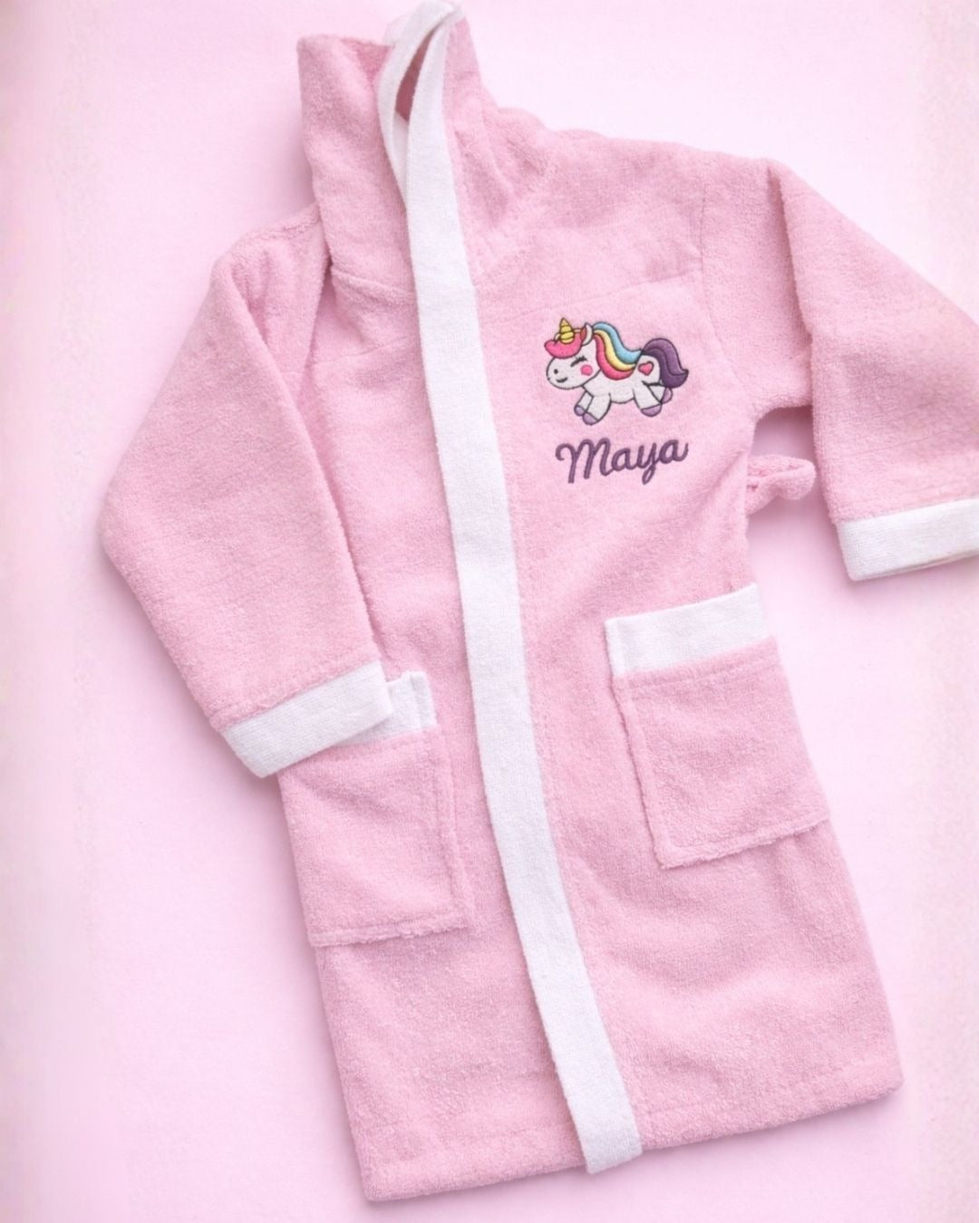 Unicorn Bathrobe, pink cotton bathrobe with name embroidery