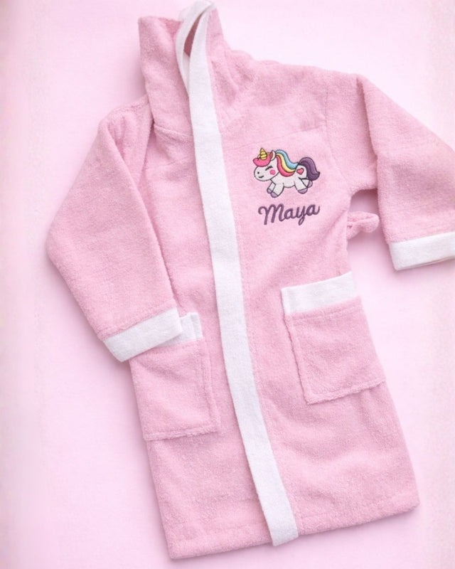 Unicorn Bathrobe, pink cotton bathrobe with name embroidery