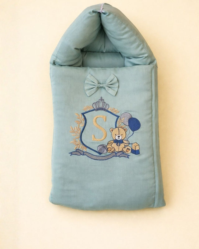 Hooded Alphabet Nest, cotton satin baby carry nest with name embroidery