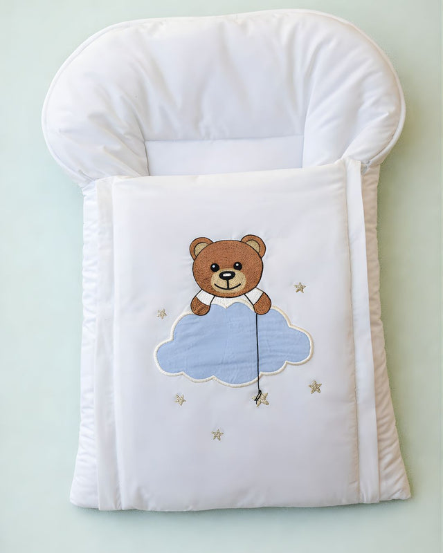 Bear In Clouds, white cotton satin baby carry nest with name embroidery
