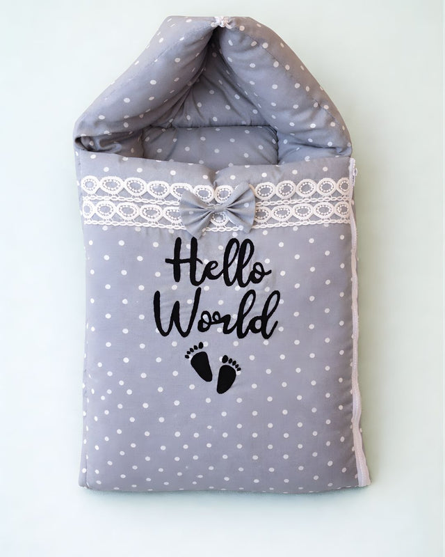 Hello World Nest, grey cotton baby carry nest with name embroidery