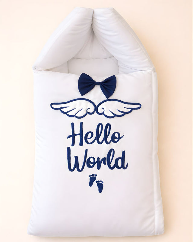 Angel Wing Hello World, white cotton satin baby carry nest with name embroidery
