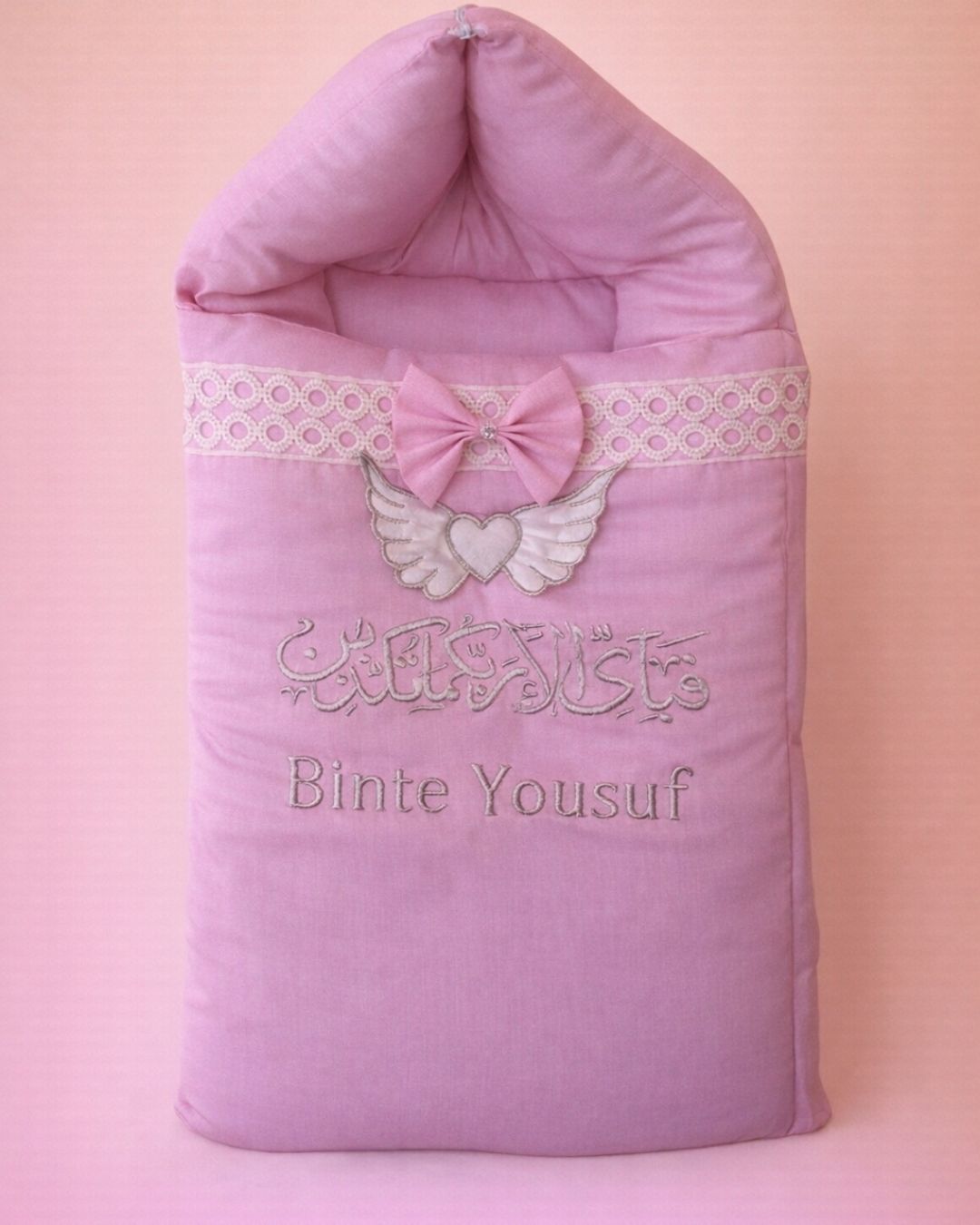 Heart Angel Nest, pink cotton satin baby carry nest with name embroidery