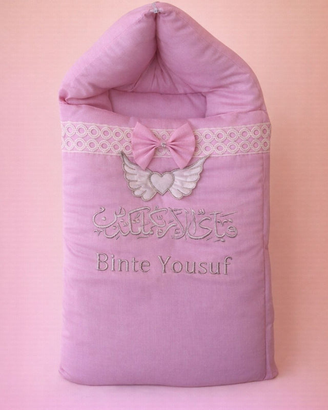 Heart Angel Nest, pink cotton satin baby carry nest with name embroidery