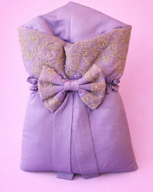 Lace Bow Themed Nest, lilac cotton satin baby carry nest with name embroidery