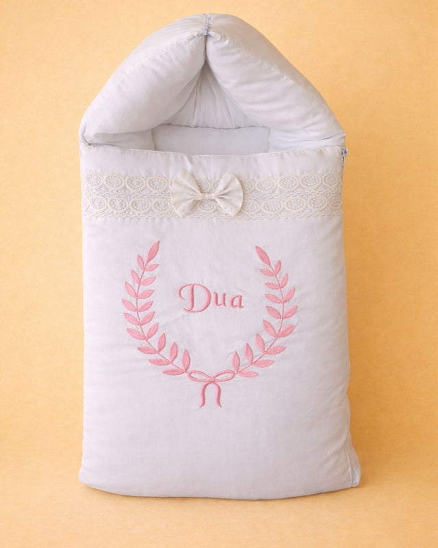 Signature Wreath Nest, white cotton satin baby carry nest with name embroidery