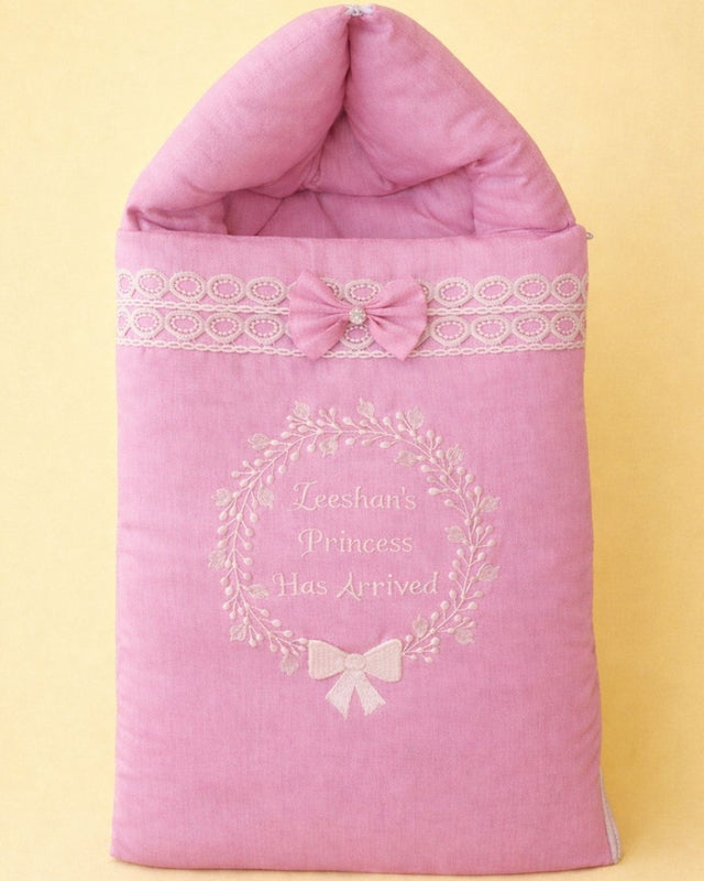 Princess Has Arrived, pink cotton satin baby carry nest with name embroidery