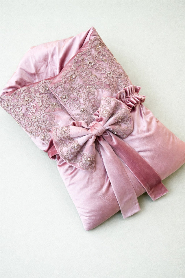 Bow Themed Lace Nest, pink velvet baby carry nest with name embroidery