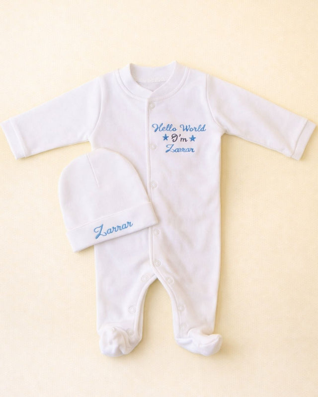 Hello World Name Bodysuit, blended fabric baby bodysuit with name embroidery
