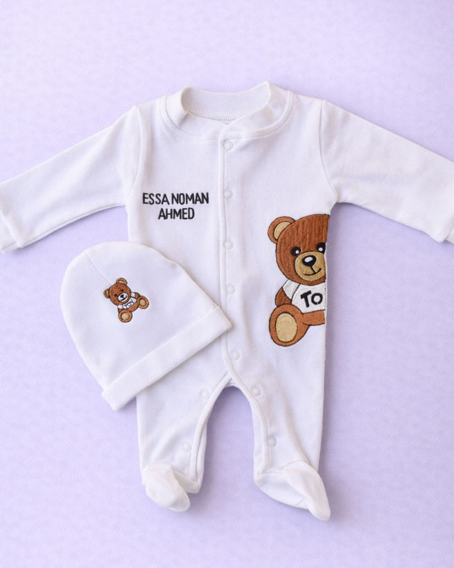 Mochino Bear, blended fabric 2 piece newborn set with name embroidery
