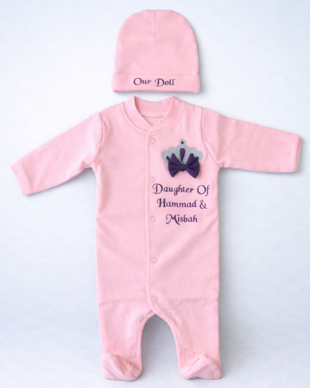 Daughter Of, blended fabric 2 piece newborn set with name embroidery