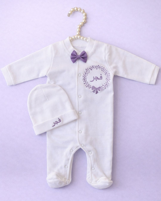 Urdu Bow Bodysuit, blended fabric baby bodysuit with name embroidery