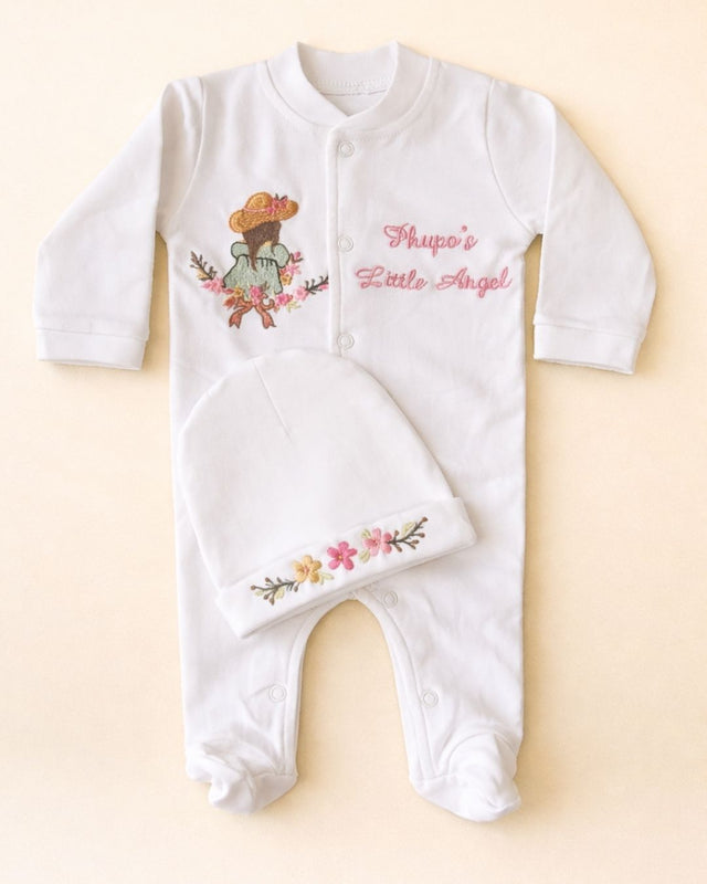 Phuppos Little Angel, blended fabric 2 piece newborn set with name embroidery