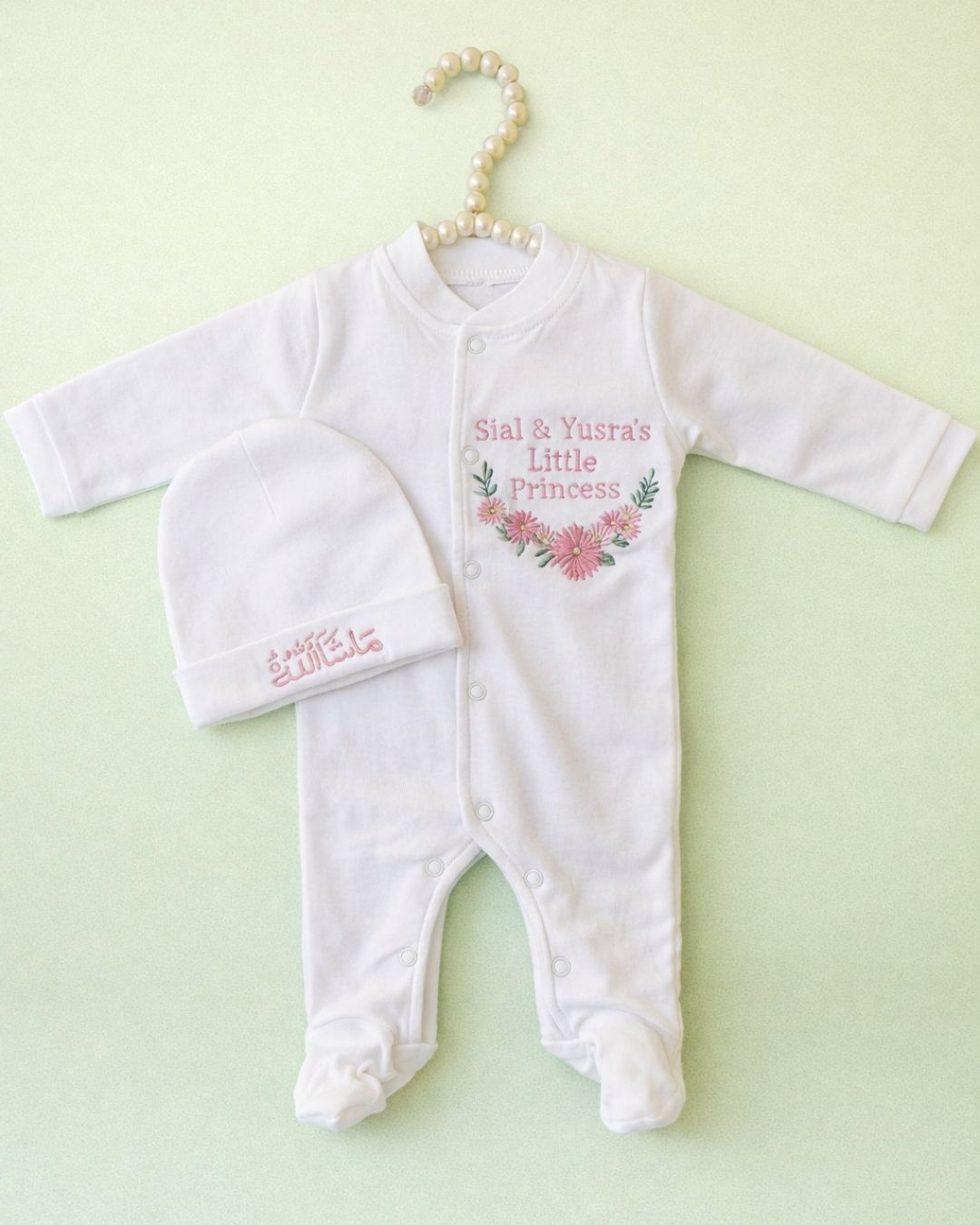 Floral Princess, blended fabric 2 piece newborn set with name embroidery