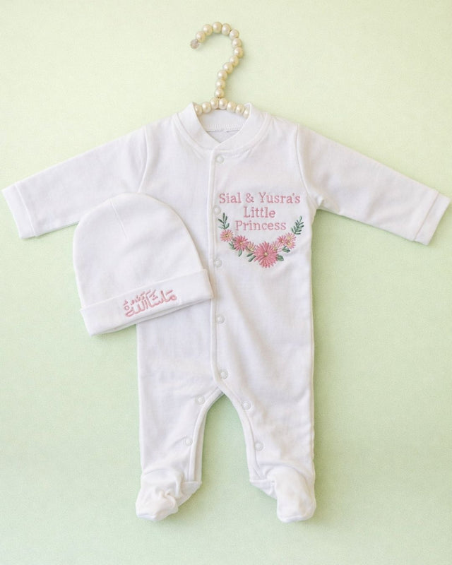Floral Princess, blended fabric 2 piece newborn set with name embroidery