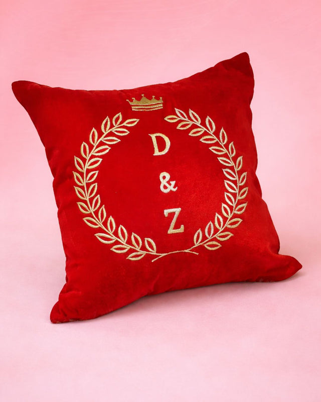 Couple Initial Cushion, red velvet couple cushion with name embroidery