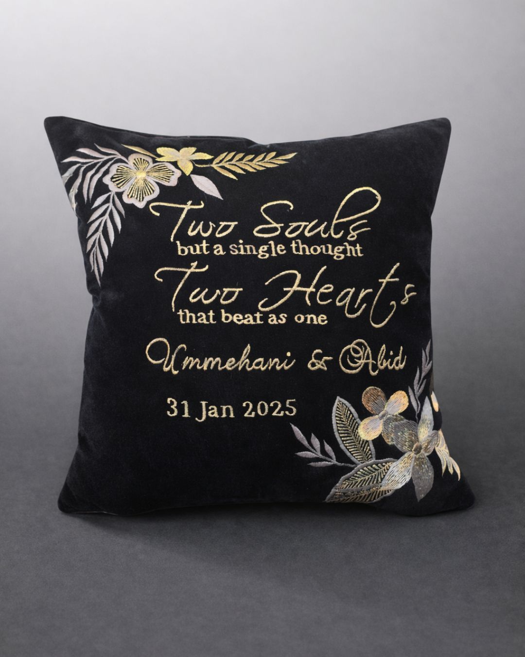 Two Souls Cushion, black velvet couple cushion with name embroidery
