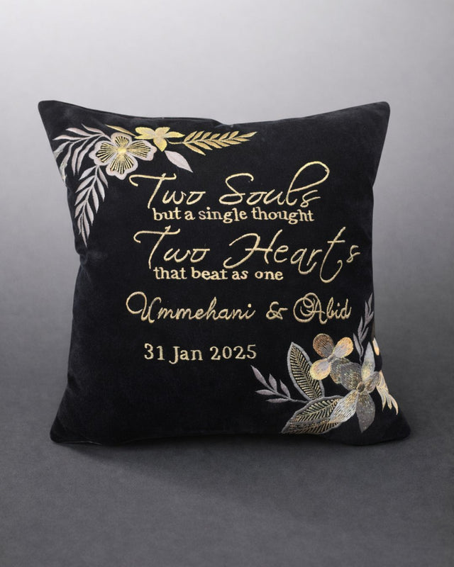 Two Souls Cushion, black velvet couple cushion with name embroidery
