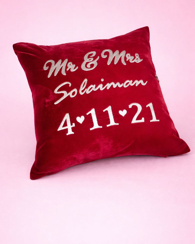 Memory Couple Cushion, red velvet couple cushion with name embroidery