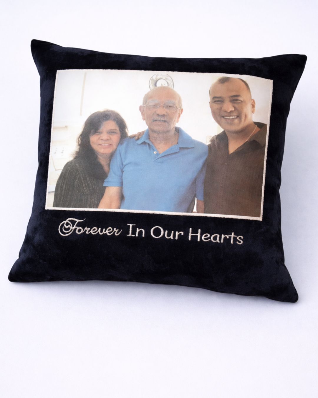 Forever In Our Hearts, black velvet name cushion with name embroidery