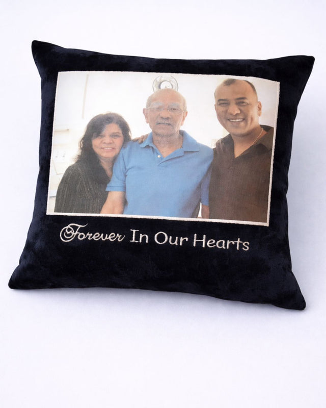 Forever In Our Hearts, black velvet name cushion with name embroidery