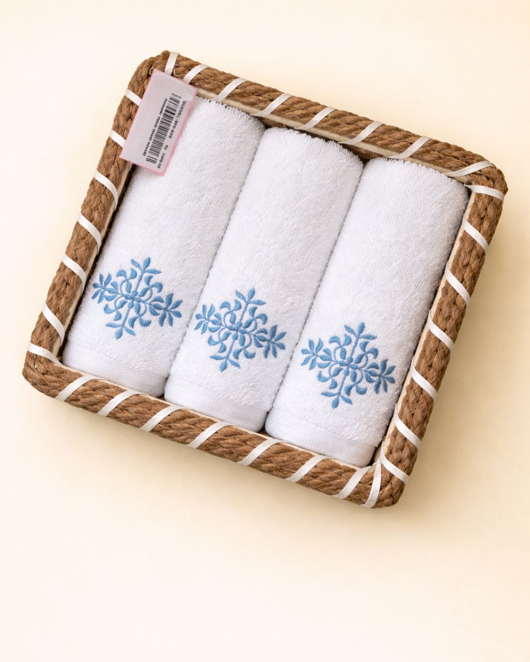 Vintage Towel Basket, towel gift basket, 100 % cotton, 13 by 13 inches each, White option