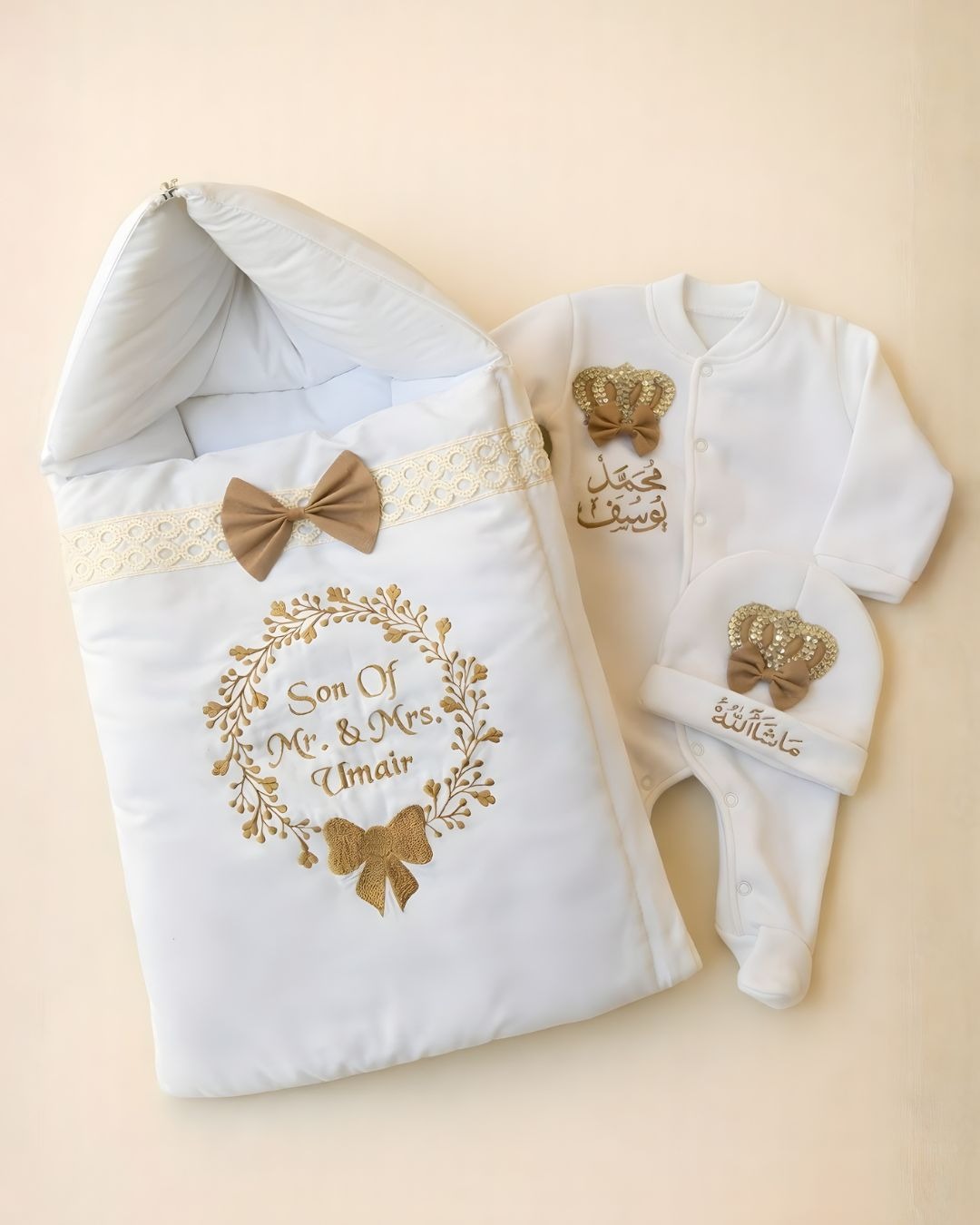 Royal Embellished Bow Set, blended fabric 3 piece newborn set with name embroidery
