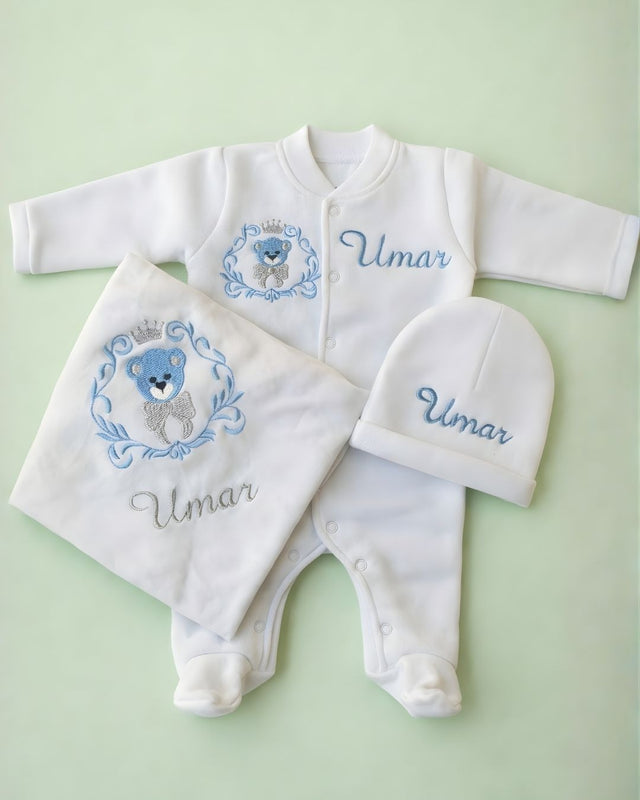 King Bear Sheet Set, blended fabric 3 piece newborn set with name embroidery