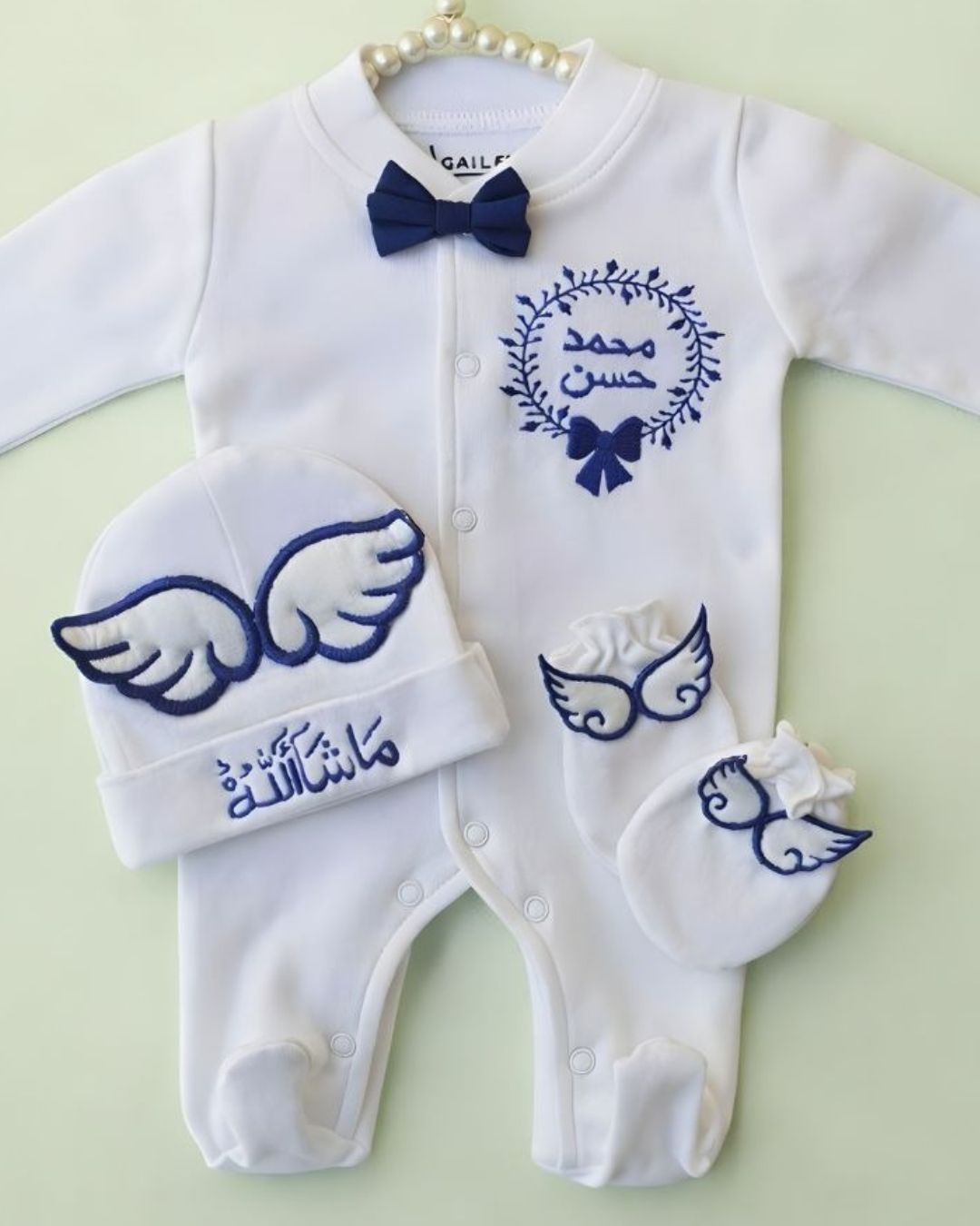 Angel Mittens Set, 3 piece newborn set, another view