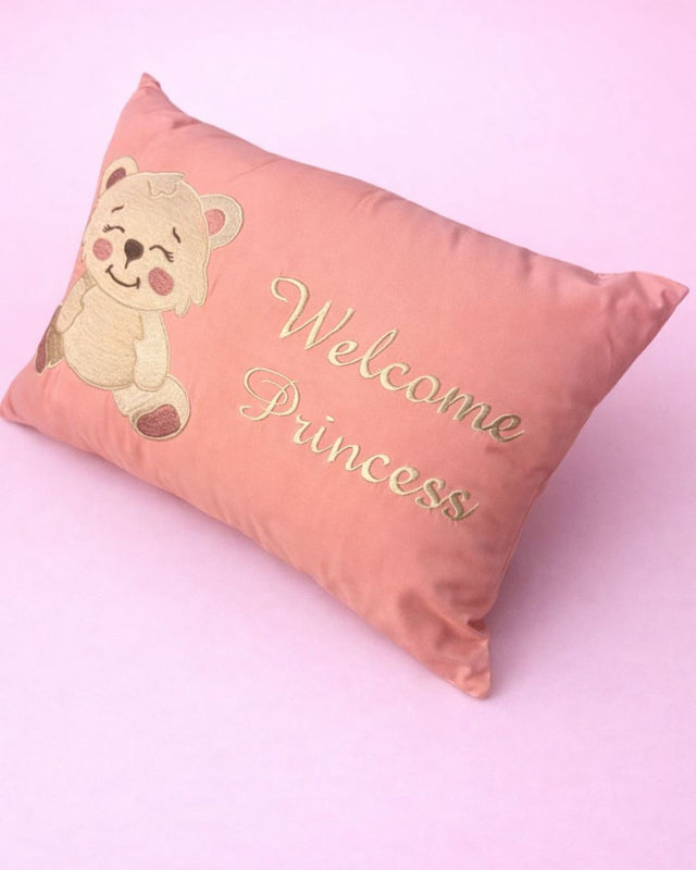 Velvet Bear Cushion, pink cotton satin baby cushion with name embroidery