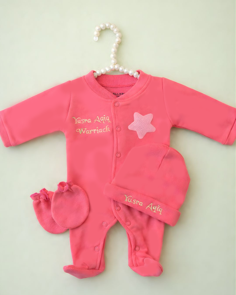 Winter Star Girl, 3 piece newborn set with name embroidery
