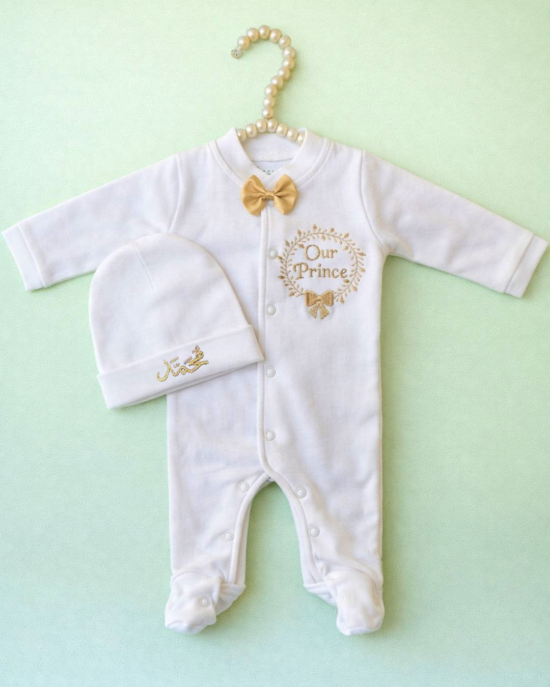 Our Prince, blended fabric 2 piece newborn set with name embroidery