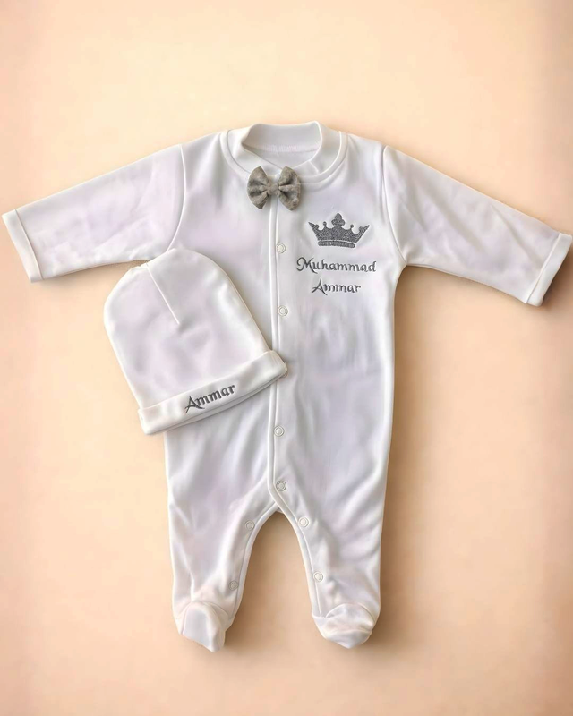 Elegant Boy, blended fabric 2 piece newborn set with name embroidery