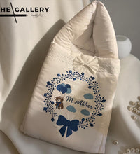 Happy Bear, white cotton satin baby carry nest with name embroidery