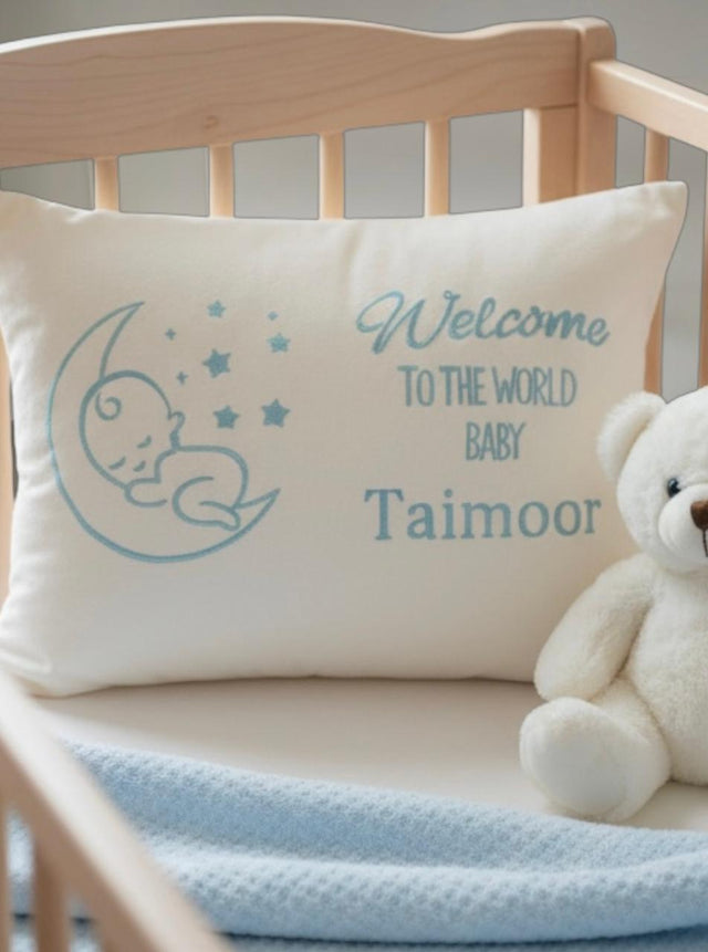 Welcome Little Star, white velvet baby cushion with name embroidery