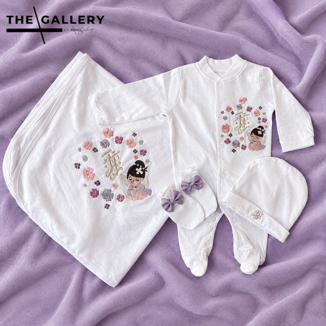 Fairy 4 Piece Set, blended fabric 4 piece newborn set with name embroidery